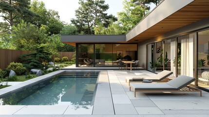 Fototapeta premium 3D Rendering of Contemporary Backyard with Wooden Fence, Grey Pool, and White Loungers, Featuring an Outdoor Dining Table and Home Interior View