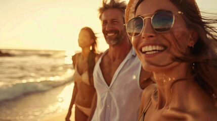 Fototapeta premium Group of happy people having fun on a sunset beach by the sea. Young friends spending time together outdoors. Concept of friendship, fun.