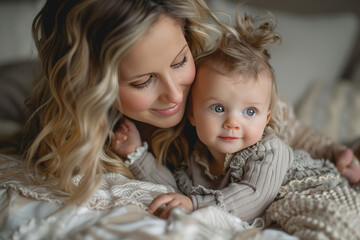 A mom lovingly cuddling her baby on a soft bed, affectionate, warm lighting, closeup shot.