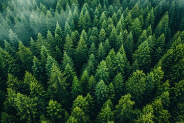 Breathtaking aerial perspective of dense forest filled with lush and vibrant green trees
