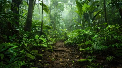 Lush tropical rainforest with dense vegetation and sunlight filtering Greenery surrounds narrow dirt path through vibrant jungle ecosystem © Tati