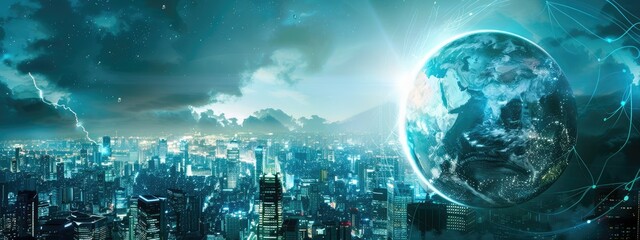 A technology world globe in the middle of a cityscape. Technology concept