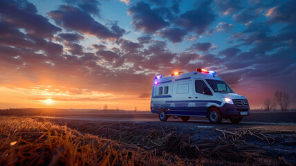 Ambulance driving on countryside road at sunset with emergency lights