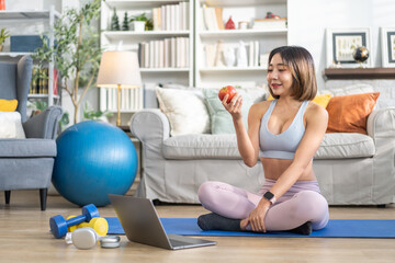 Portrait of beauty body slim healthy asian woman big smile cooking and preparing vegan food healthy holding apple, green apple, dental, teeth, fruit at home.Diet.Fitness, healthy food