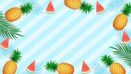 夏のフレーム　フルーツ　ヤシの葉　素材　枠　デザート　ストライプ　斜め　イベント　キャンペーン　レジャー　観光　おしゃれ　ポップ　見出し　暑中見舞い　お中元　ポスター　16:9