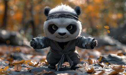 Fototapeta premium Cartoon 3d panda practices kung fu in an autumn forest.