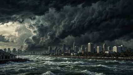 Ominous dark storm clouds are gathering over a coastal city skyline, with rough seas crashing against the shore