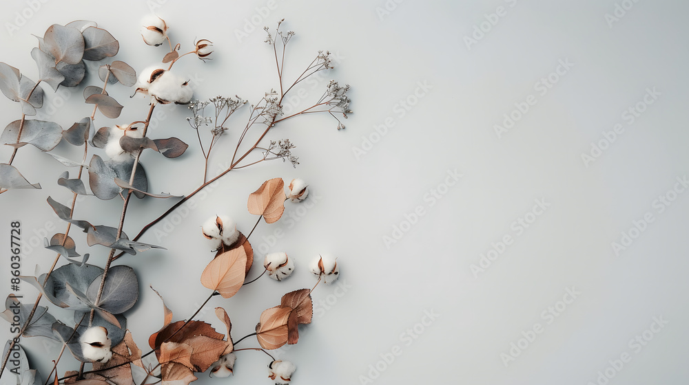 Poster autumn composition frame made of eucalyptus branches cotton flowers dried leaves on pastel gray back