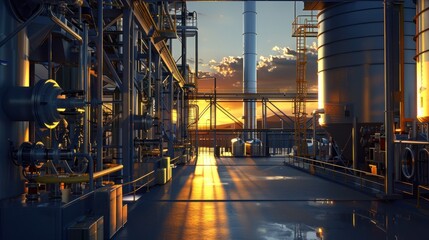 An intricate nuclear fuel reprocessing facility featuring complex machinery and chemical tanks, showcasing industrial design and technical precision.