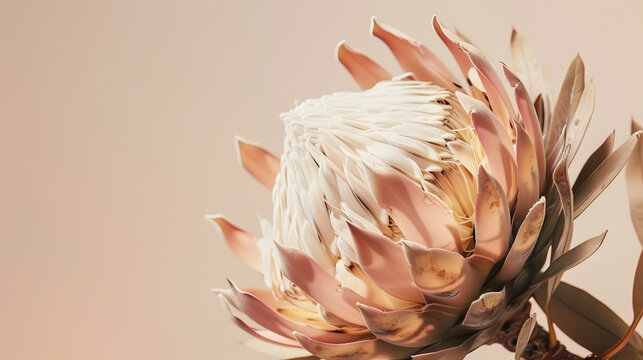 dry flower Protea on beige background close up top view Exotic flower poster minimal floral cardPoster : Generative AI