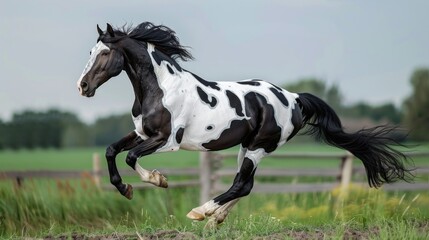 A black and white horse is running through a field