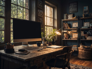 Cozy home office with computer on desk and bookshelf in background