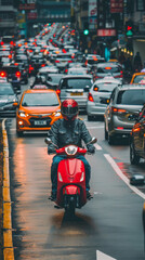 Obraz premium Rider on a motorcycle in a vibrant neon city at night, symbolizing urban life, speed, nightlife, modern transportation
