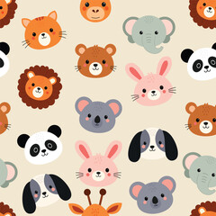 Cute animals faces,Giraffe,lion,elephant,bear, koala,cat,dog,rabbit,panda on white blackgound,Designs for newborn,baby or children's textile,fabric, children clothing,childish Seamless pattern vector