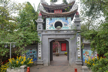 Hanoi, Vietnam - 9 Feb, 2024: Bridge to Ngoc Son Temple on an islet in Hoan Kiem Lake, Hanoi, Vietnam