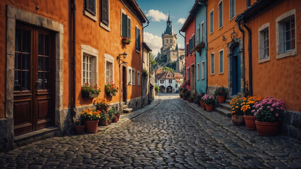 Fototapeta premium Cobblestone street leading to medieval castle with colorful houses
