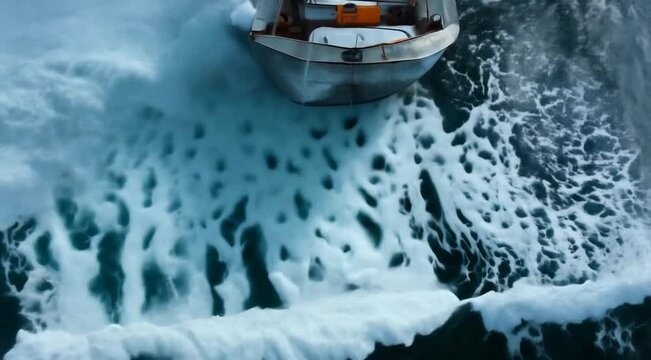 Fishing boat battling stormy seas large waves