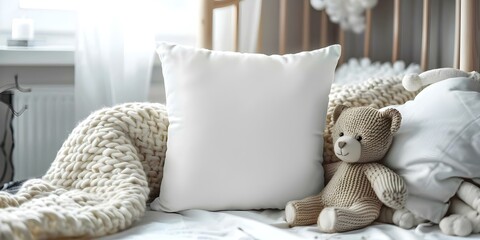 Square mockup of a white nursery pillow with bear toy and blanket. Concept Nursery Decor, White Pillow, Bear Toy, Blanket, Square Mockup