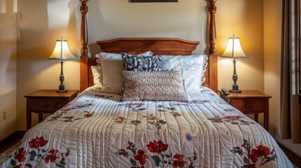 272. Cozy bedroom with a quilt, pillows, and bedside lamps