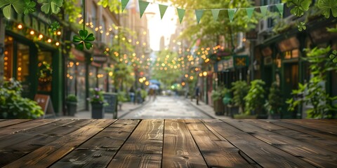 St Patrick's Day Decor on Wooden Table with Blurred City Street Background. Concept St Patrick's Day Decor, Wooden Table, Blurred City Street, Green Props, Festive Setup