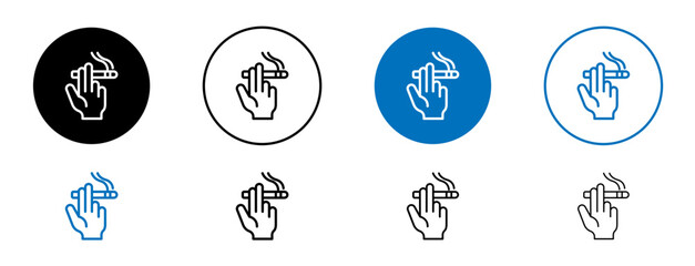 Hand holding cigarette vector icon set in black and blue color.