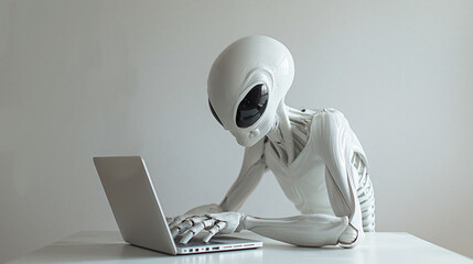 Surreal portrait of Alien working on laptop