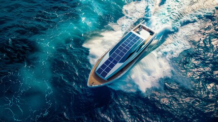 Fototapeta premium A boat with solar panels on the top is sailing in the ocean generated by AI
