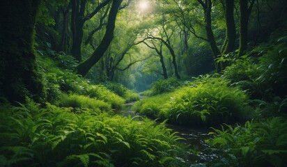 Lush green forest with sunlight filtering through trees