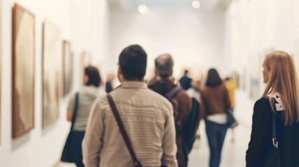 Fototapeta premium Diverse individuals observing art in modern gallery setting