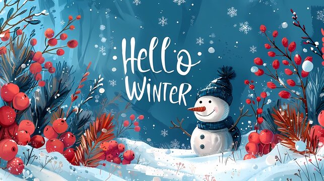 stunning inscription "hello winter" on sunny winter landscape background