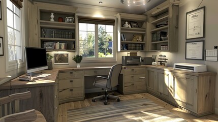 221. Home office with a desk, computer, and shelves