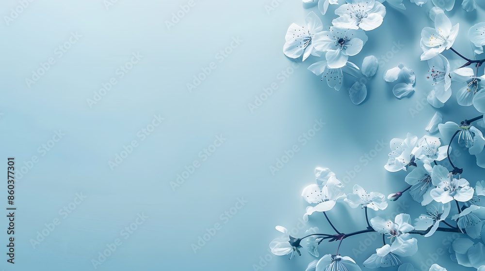 Poster spring nature background with lovely blossom in blue pastel color top view banner springtime concept