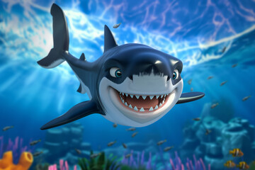 Cartoon shark character swimming in ocean. Illustration for kids book
