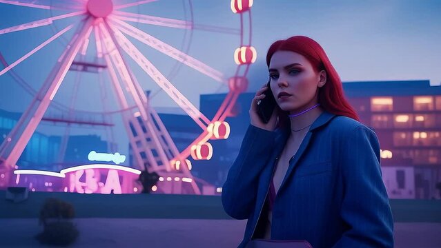 a woman with red hair talks on her phone with a ferris wheel synthwave animation