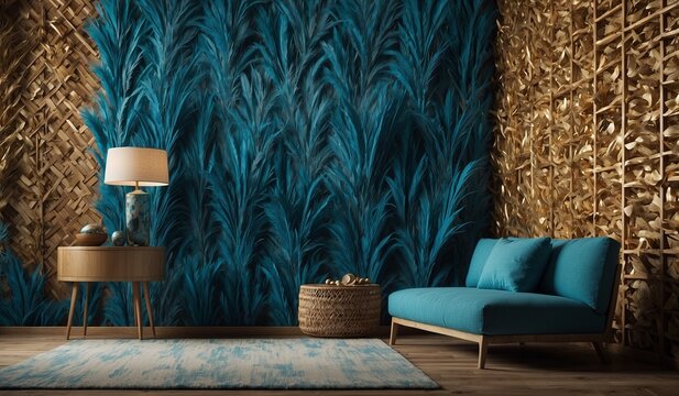 Elegant interior decor with blue feather wall art
