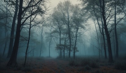 Misty forest with tall trees creating an eerie atmosphere.