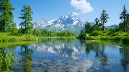 A tranquil scene of a mountain lake with crystal clear water reflecting the surrounding forest and snow-capped peaks, capturing the purity and natural beauty of the landscape.