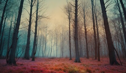 Obraz premium Mystical forest with tall bare trees and colorful ground
