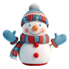 Cheerful snowman wearing winter hat and scarf. Three dimensional characters illustration.