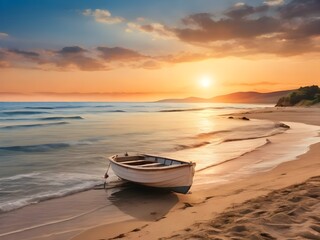 a small boat docked on the sand beach at dusk