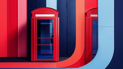 Retro phone booth with bold colors, nostalgic, vintage style, high contrast