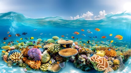 A panoramic underwater shot of a coral reef with a mix of hard and soft corals, surrounded by a variety of marine species, illustrating the rich diversity and complexity of coral reef habitats.