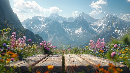 Wooden table with wildflowers in alpine meadow with snow-capped mountains in the background