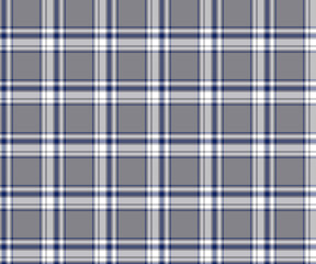Plaid fabric pattern, grey, white, blue, seamless for textiles, and for designing clothing, skirts, pants or decorative fabric. Vector illustration.