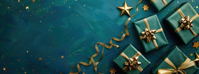 green gifts with golden bows and ribbons near stars