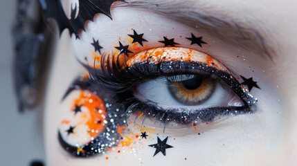 closeup of eye with elaborate halloween makeup and bat decorations