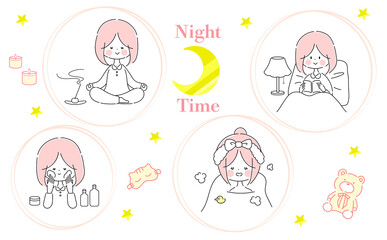 女の子のナイトルーティンのイラストセット