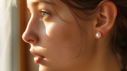 Fototapeta premium A woman's ear with a pearl stud earring, focusing on the minimalist design and soft glow. The image is in the style of a minimalist design.
