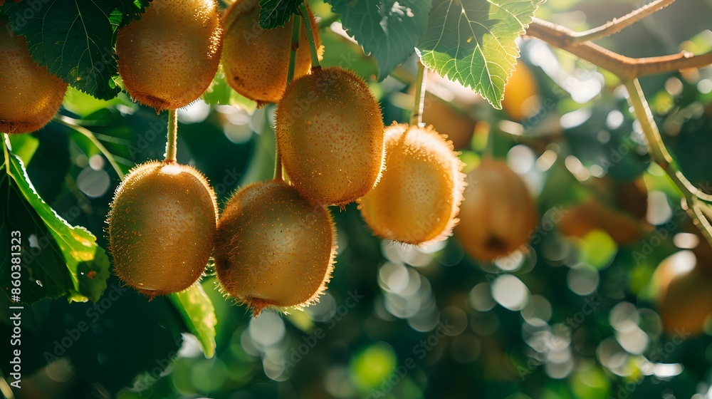 Wall mural kiwi fruits hanging from the branches in an orchard, with sunlight filtering through leaves creating