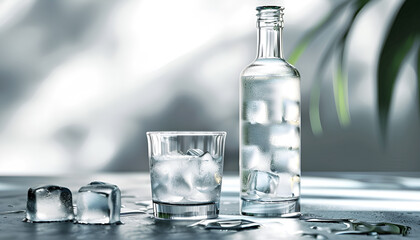 Bottle of vodka, shot glasses, lime, mint and ice on grey background